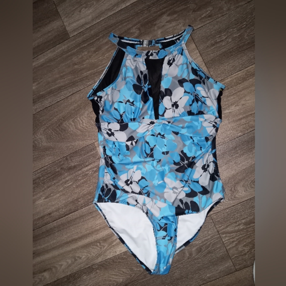 New blue floral print one piece swimsuit size large